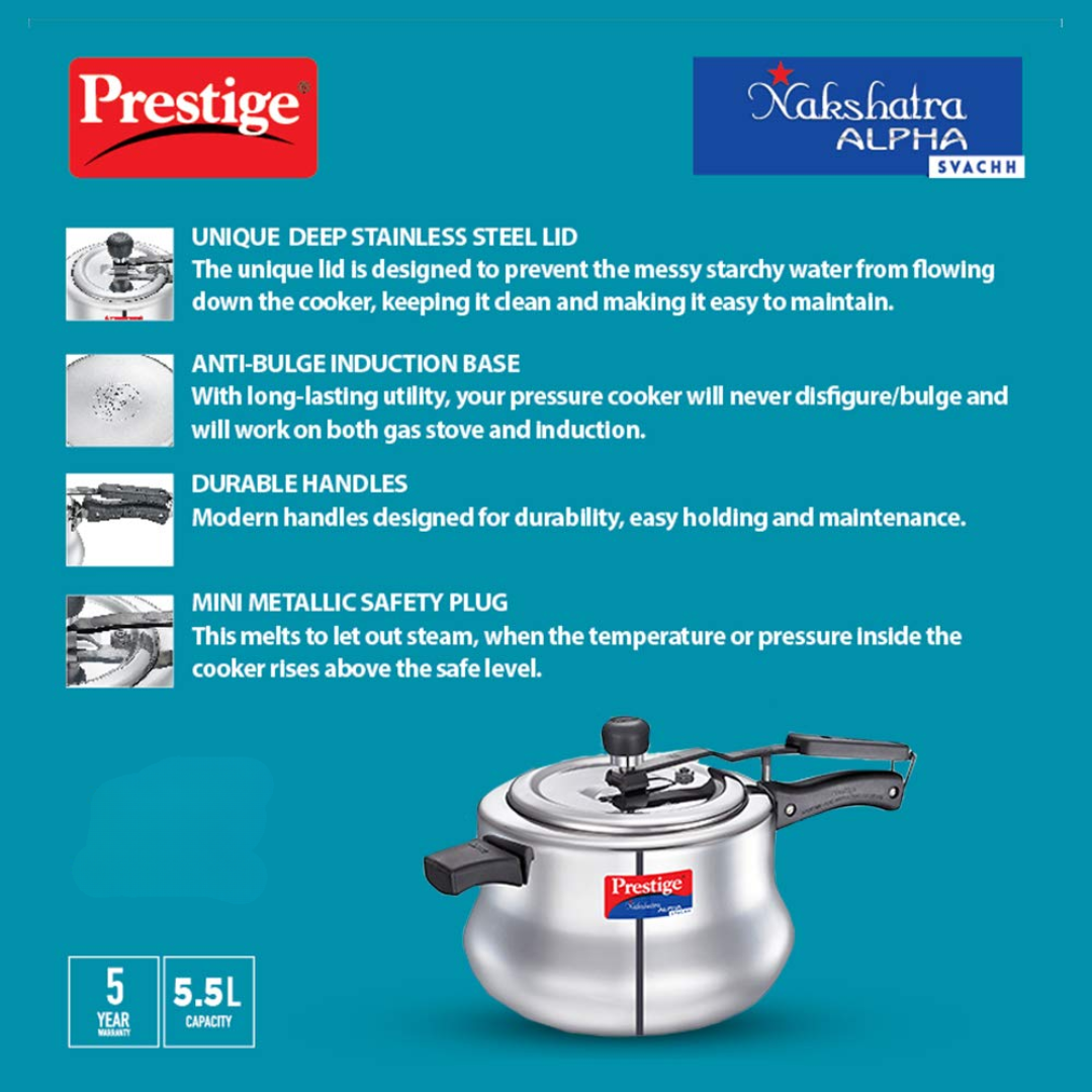 Prestige 20258 5 Ltrs Nakshatra Alpha Svachh SS Handi Pressure Cooker AC GHAR